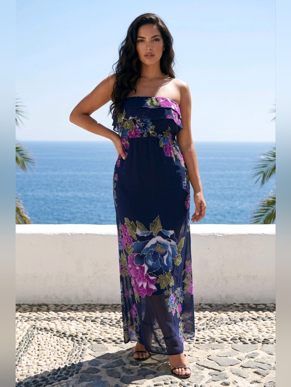 Strapless Navy Floral Maxi Dress - Navy Pink Floral